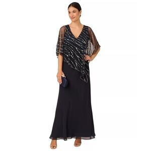 Adrianna Papell Elegant V-Neck Beaded Popover Gown Midnight Blue Formal NWT 18W